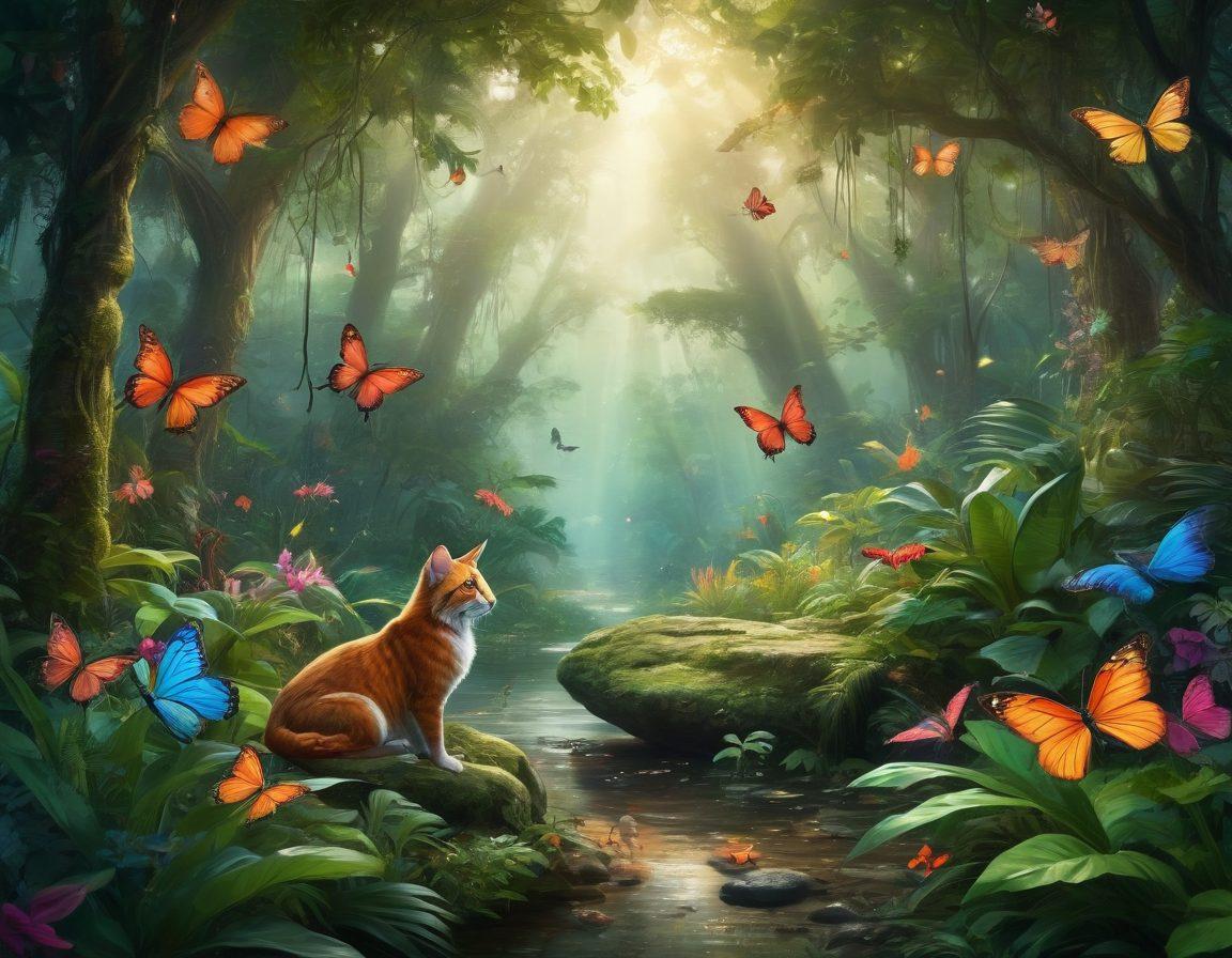 A whimsical jungle scene filled with vibrant flora and playful animals engaging in affectionate behaviors, reflecting the concept of intimacy. Include a couple sharing a joyful moment amidst the greenery, surrounded by colorful butterflies and glowing fireflies. The atmosphere should be lively and enchanting, evoking a sense of exploration and passion. Use bright, cheerful colors to enhance the playful theme. super-realistic. vibrant colors. fantasy style.