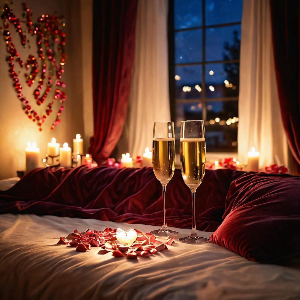 A romantic scene featuring a cozy candlelit room with velvet drapes and plush pillows, soft glowing lights casting warm shadows, and a couple sharing a playful glance across a champagne bottle. Include elements like rose petals scattered around and a delicate heart shape in the background. Emphasize a dreamy, seductive ambiance. super-realistic. warm colors. soft focus.