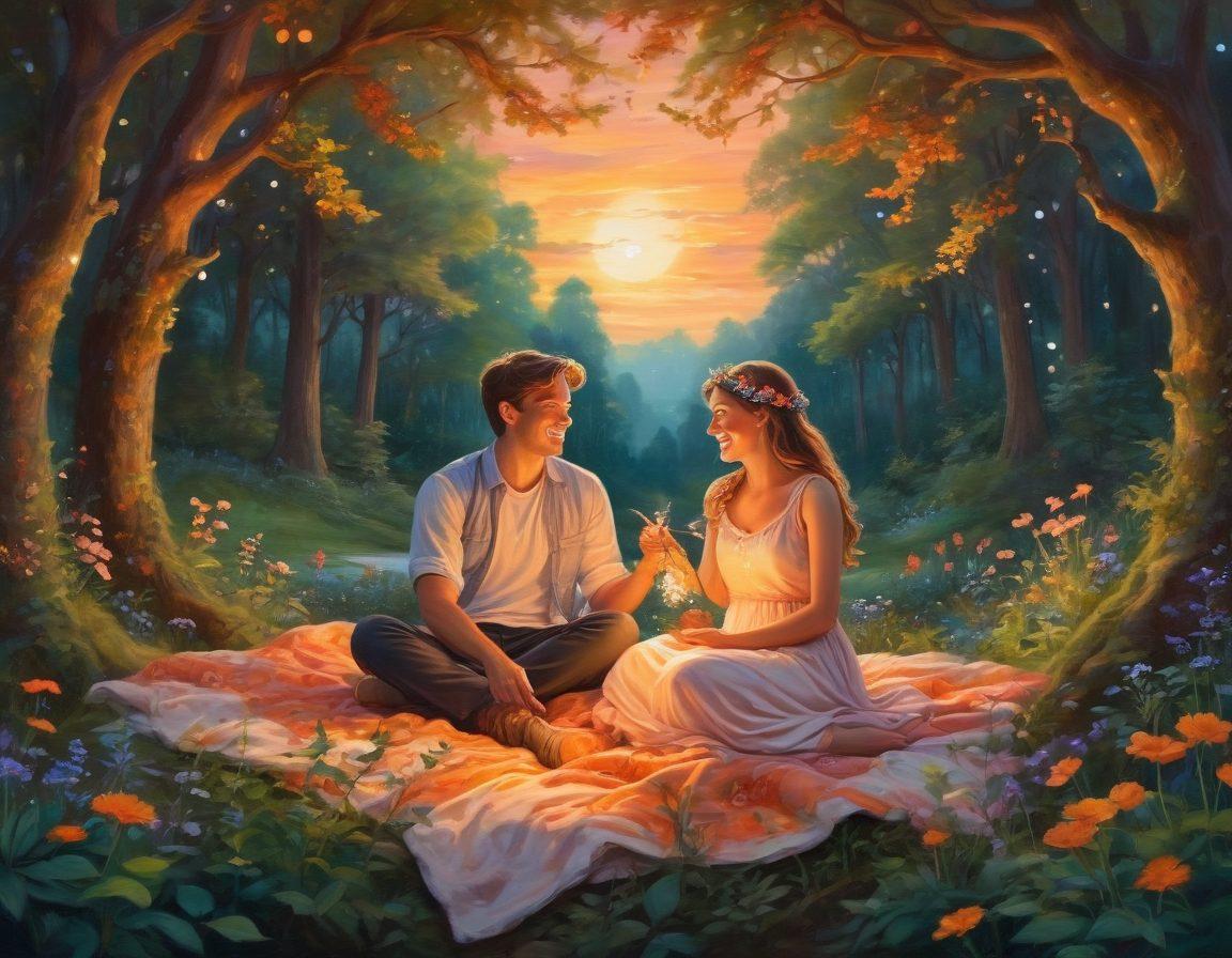 A whimsical scene featuring a couple exploring an enchanting forest filled with glowing flowers and twinkling fairy lights. They are laughing and sharing intimate moments while sitting on a blanket, surrounded by lush greenery and playful woodland creatures. The sky is painted with warm hues of sunset, adding a magical touch to the atmosphere. The overall vibe should embody romance and adventure. vibrant colors. painting.